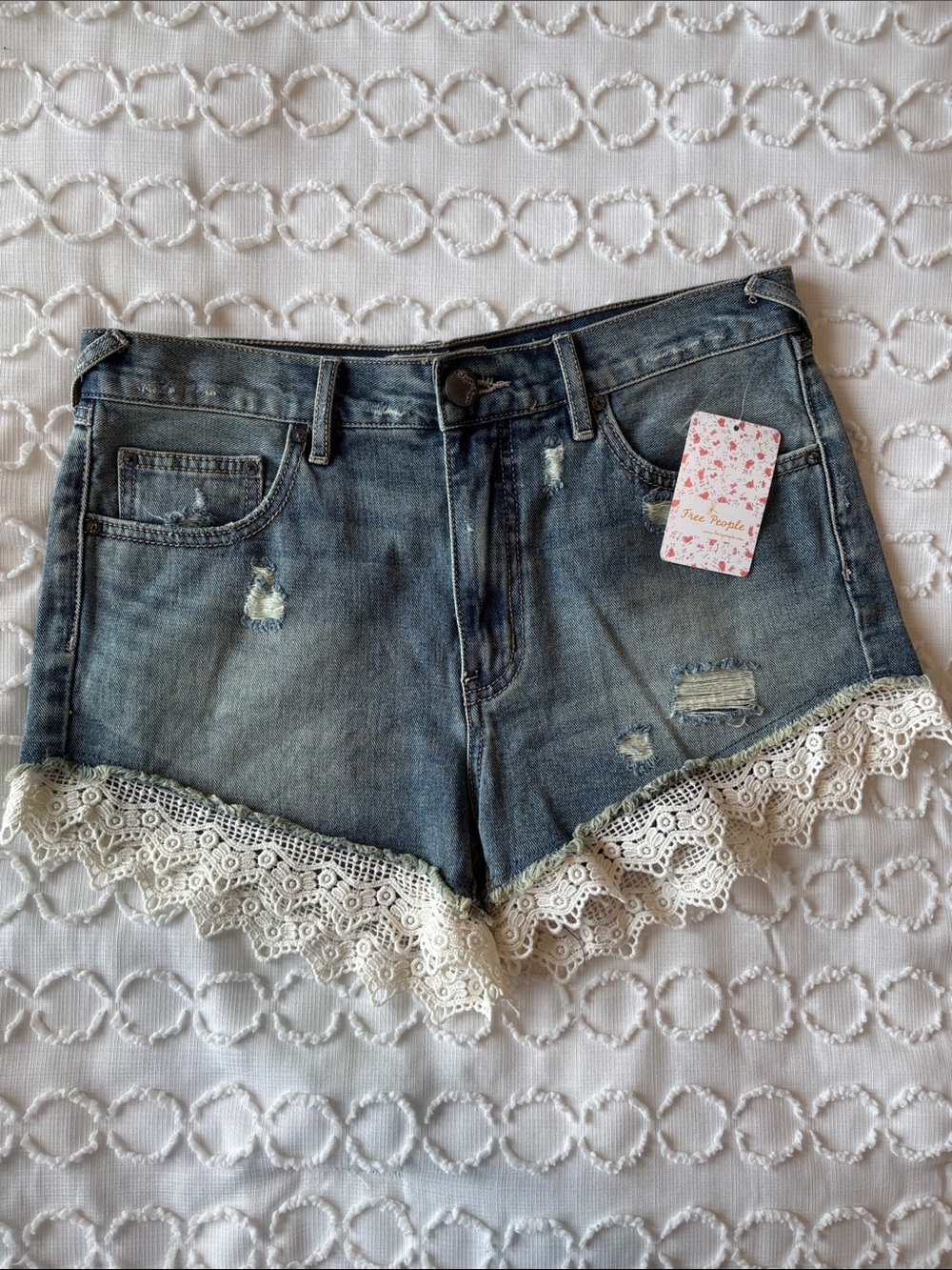 Free People Blue Denim Lace-Trim Jean Shorts